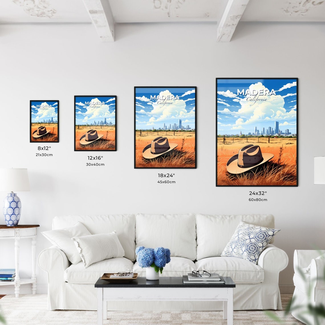 Madera California Cowboy Hat Wheat Field Skyline Scene Poster - Image 3