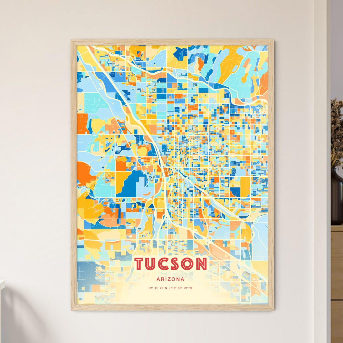 Tucson Arizona Blue Orange Sunlit Desert City Map Art Poster