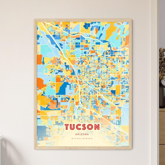 Tucson Arizona Blue Orange Sunlit Desert City Map Art Poster