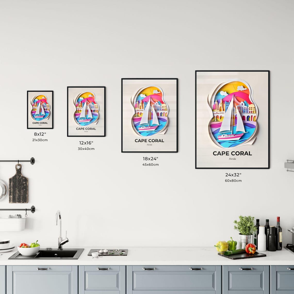 Cape Coral Florida Sailboat Papercut Sunset Harbor Travel Poster - Image 3