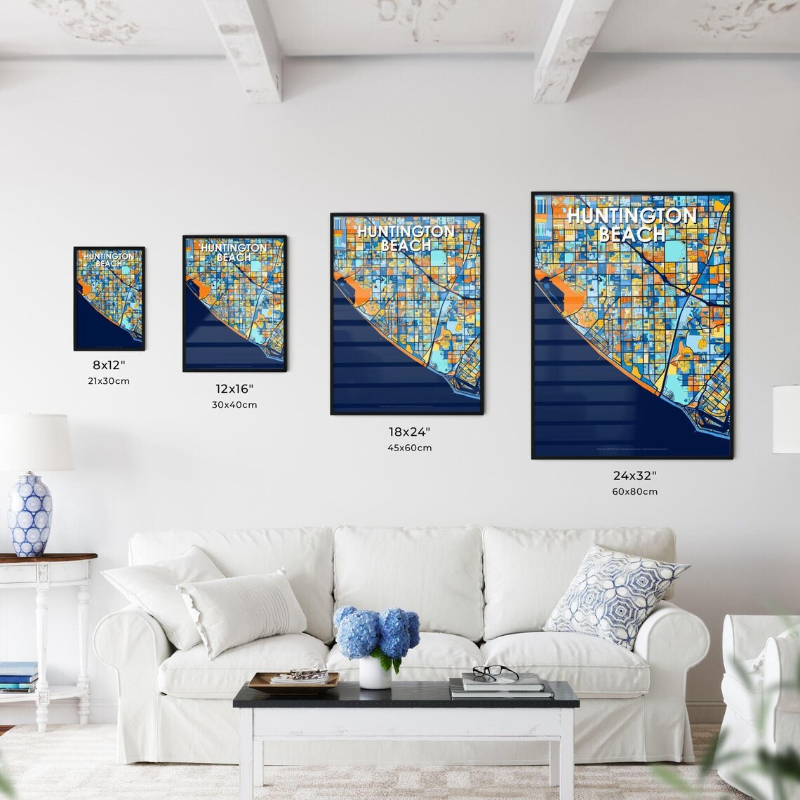 Huntington Beach California Vibrant Colorful Geometric Street Grid City Map Art Poster - Image 3