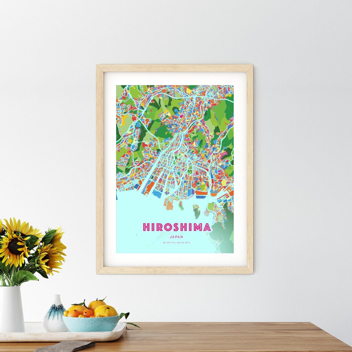 Hiroshima Japan Colorful City Map Art Poster in Pink and Turquoise - Image 2
