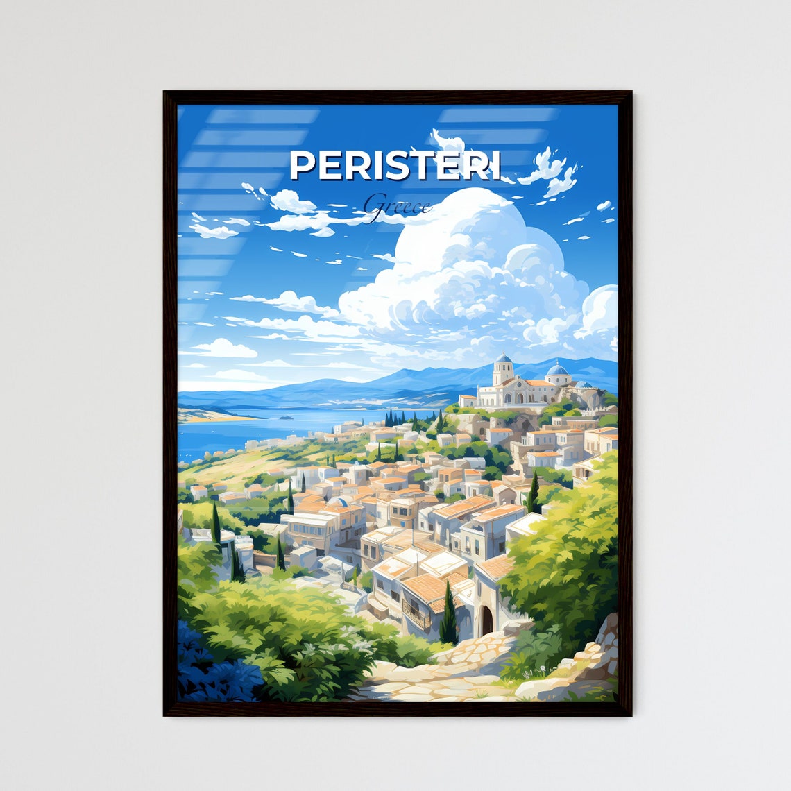 Peristeri Greece Whitewashed Hillside Town Coast Travel Art Poster