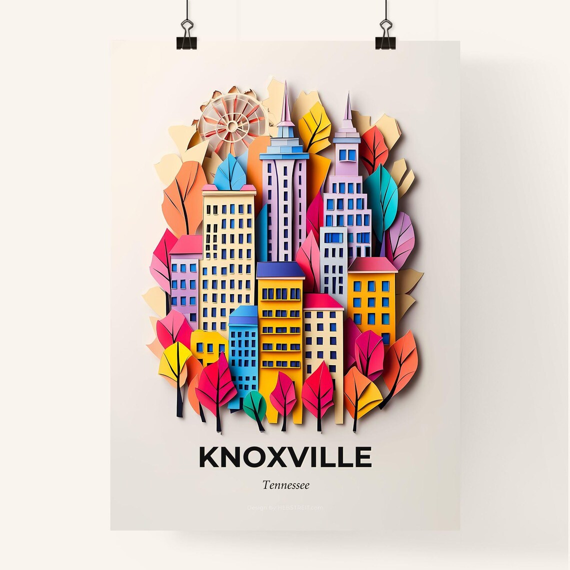 Knoxville Tennessee Downtown Towers Autumn Leaves Paper Cut Poster - Image 4