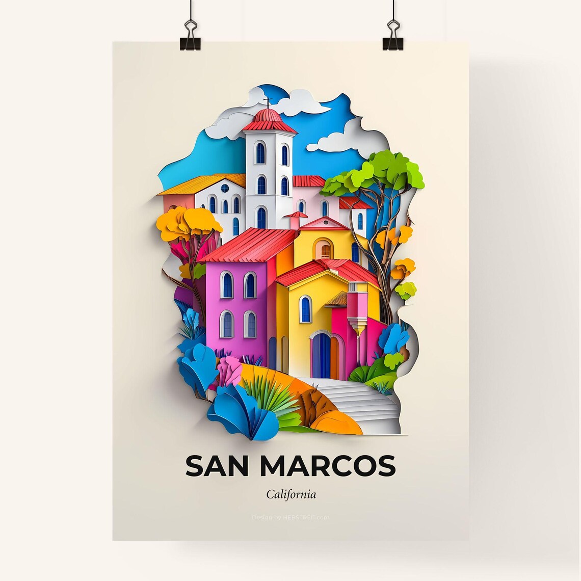 San Marcos California Colorful Paper Cut Mission Town Travel Poster - Image 4
