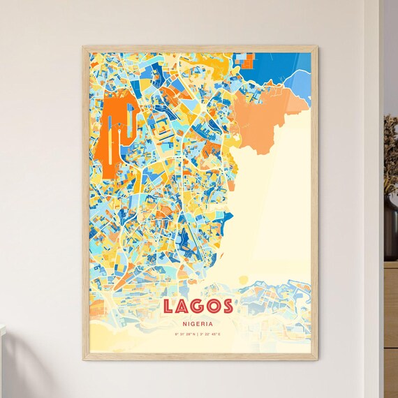 Lagos Nigeria Blue Orange City Map Poster with Coordinates Street Art