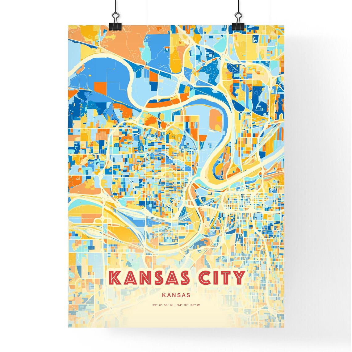 Kansas City Kansas Bold Blue Orange Abstract Street Map Art Poster - Image 3