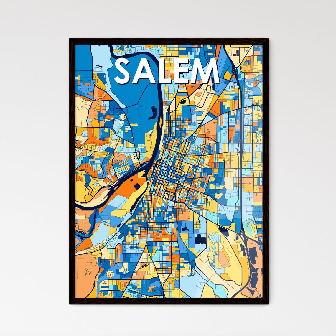 Salem Oregon Vibrant Stylized Blue and Orange City Map Poster