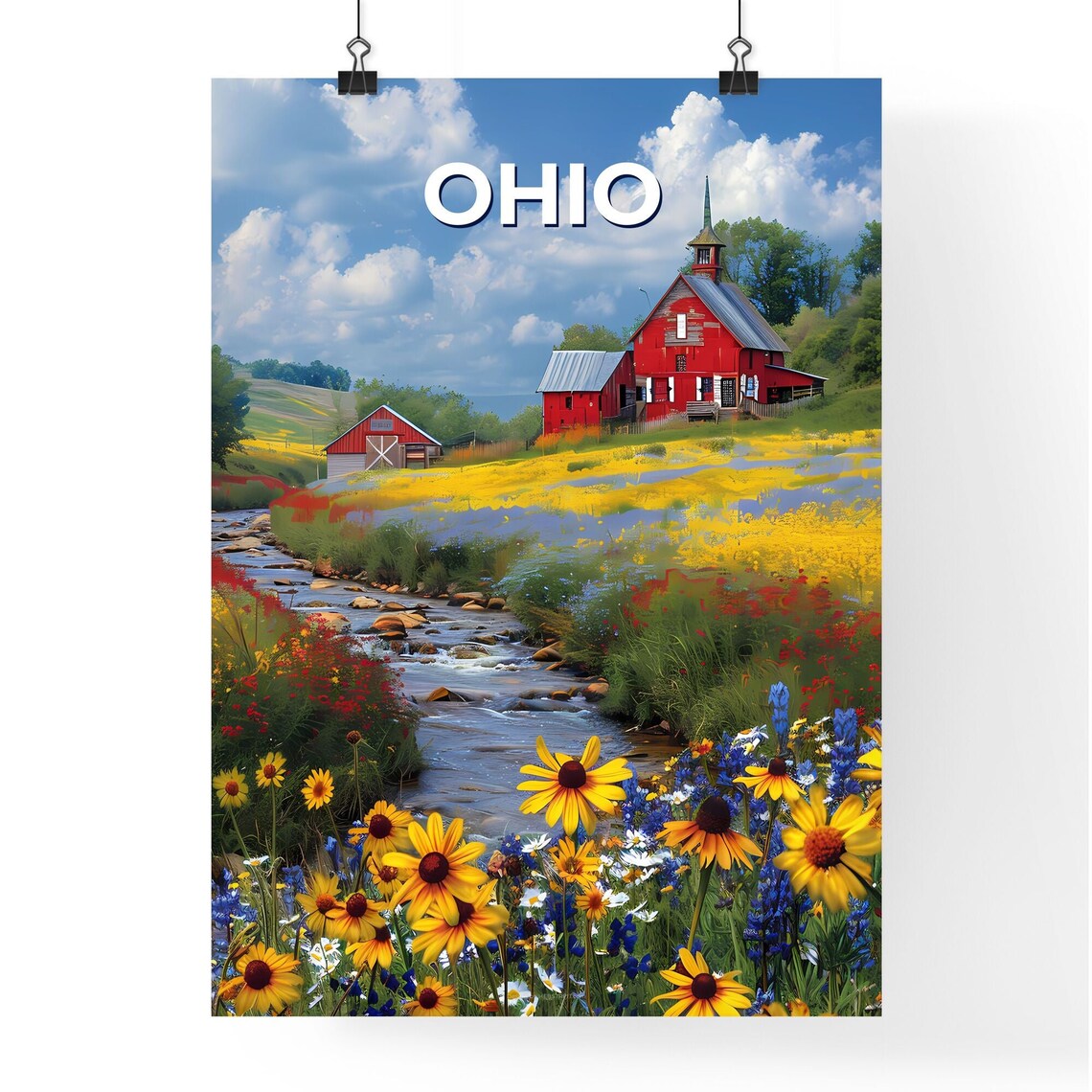 Ohio Red Barn Church Creek Wildflower Meadow Vintage Travel Poster - Image 4