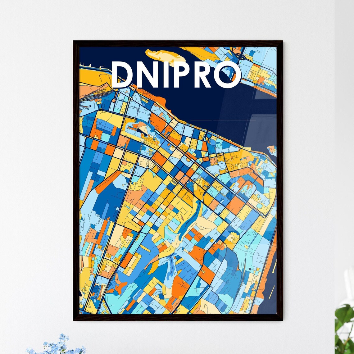 Dnipro Ukraine Colorful Geometric City Map Art Poster in Blue and Orange