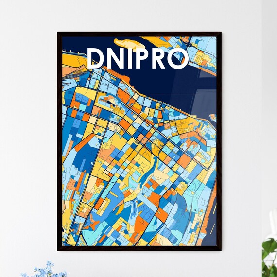Dnipro Ukraine Colorful Geometric City Map Art Poster in Blue and Orange