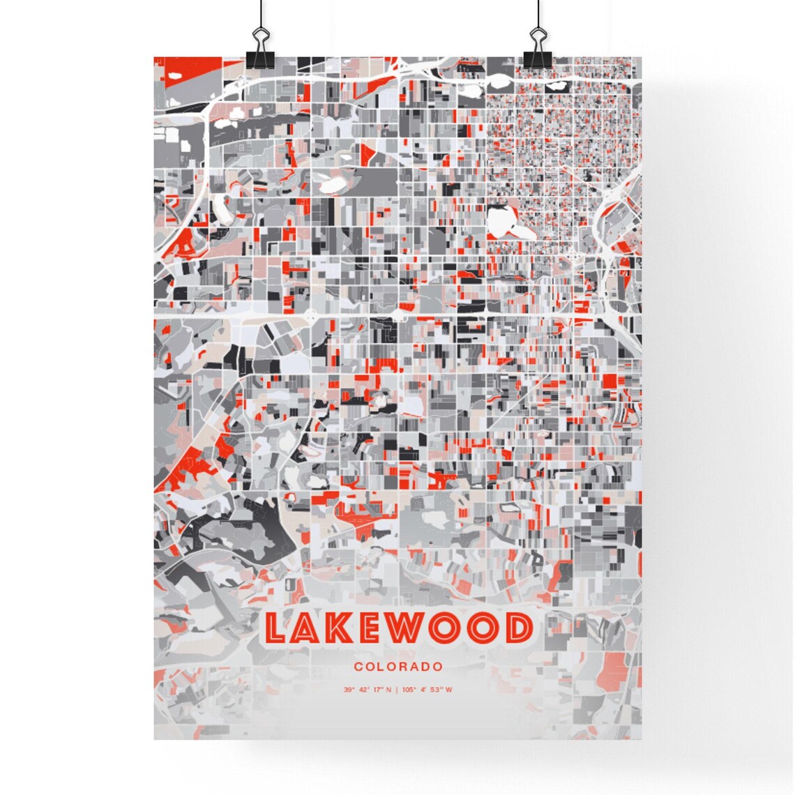 Lakewood Colorado Modern Red Expressive City Map Poster with Coordinates - Image 3