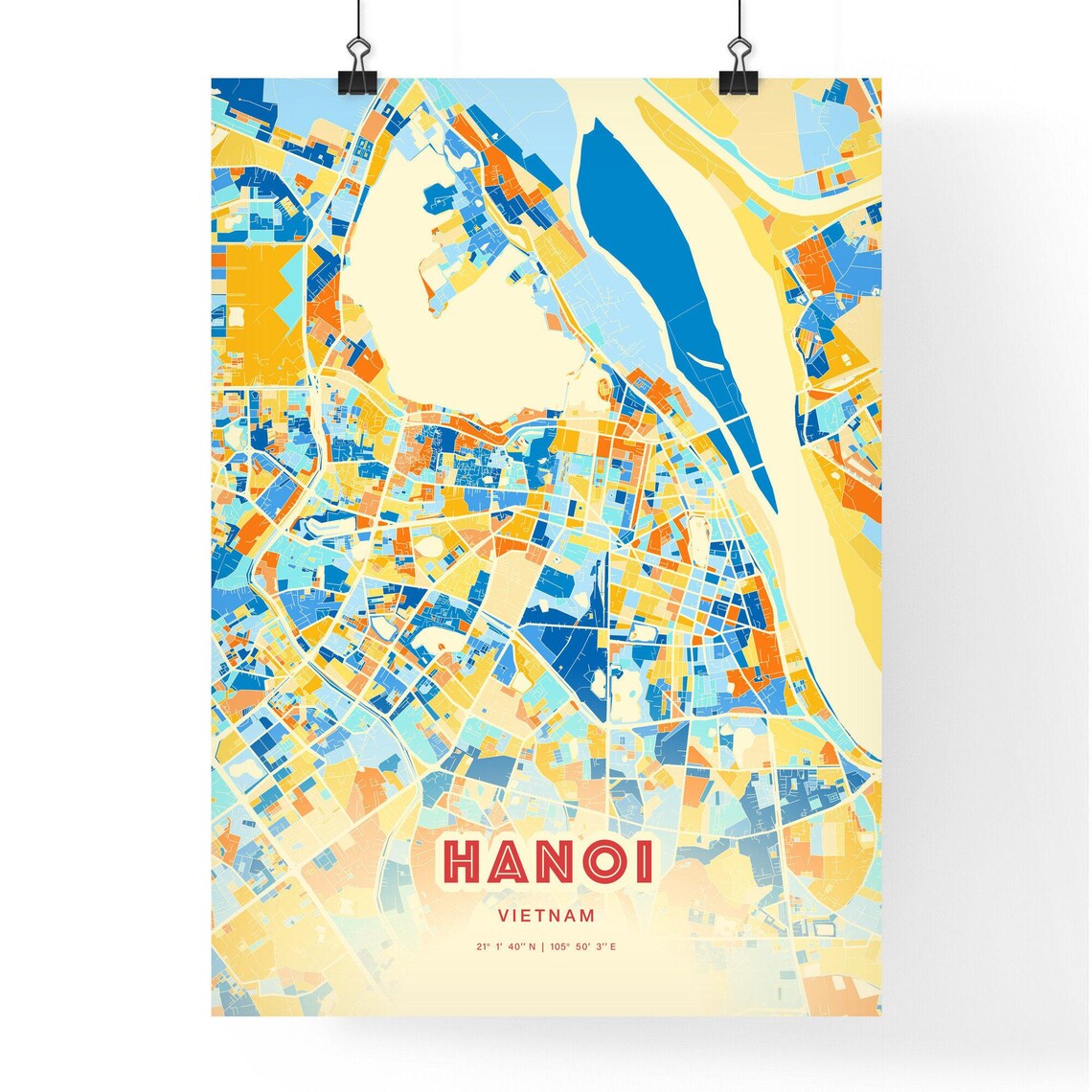 Hanoi Vietnam Colorful Blue Orange City Map Art Poster with Coordinates - Image 3