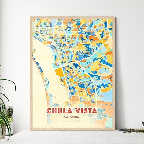 Chula Vista California Blue Orange Coastal Bay Map Art Poster