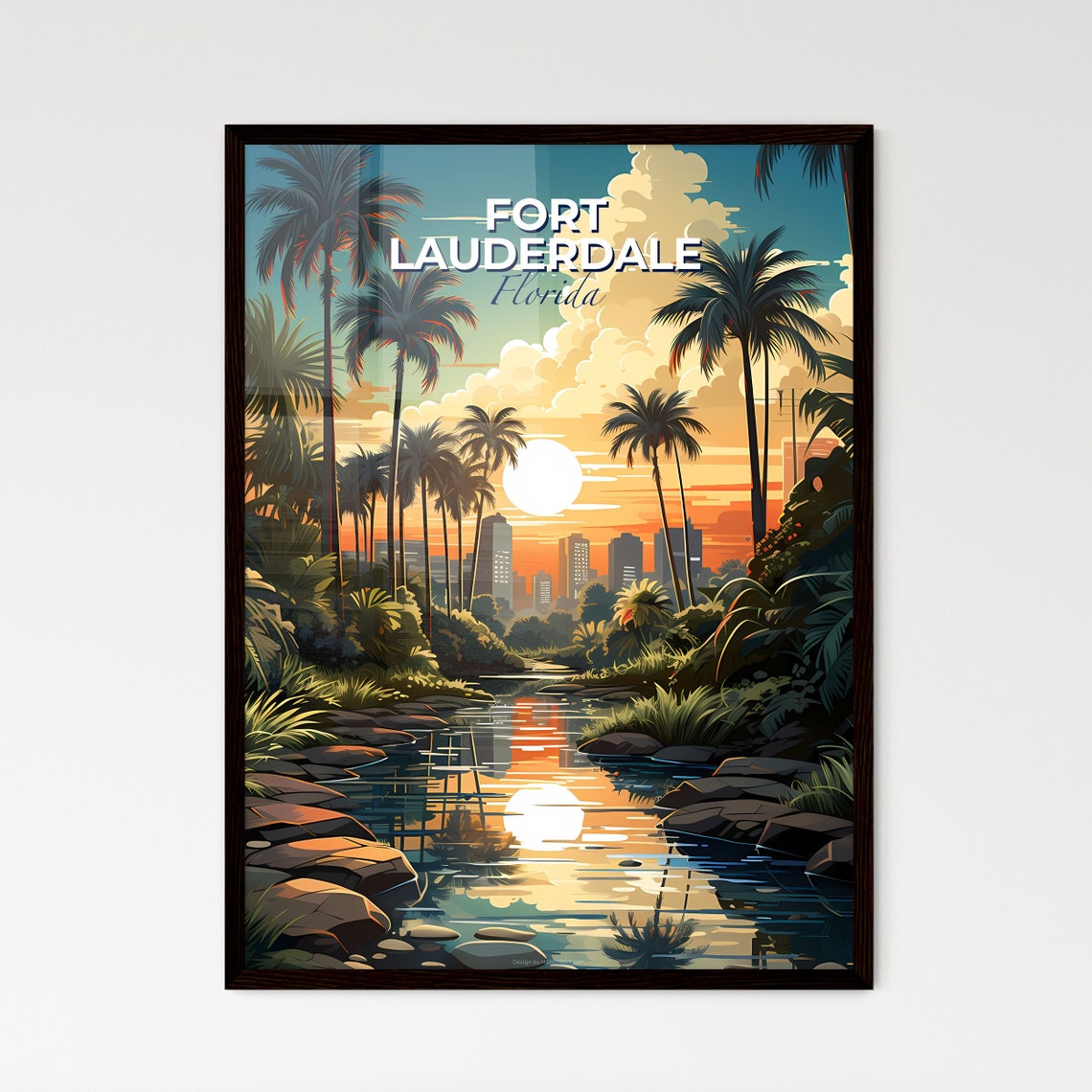 Vivid Fort Lauderdale Florida Sunset Palms Stream Skyline Poster