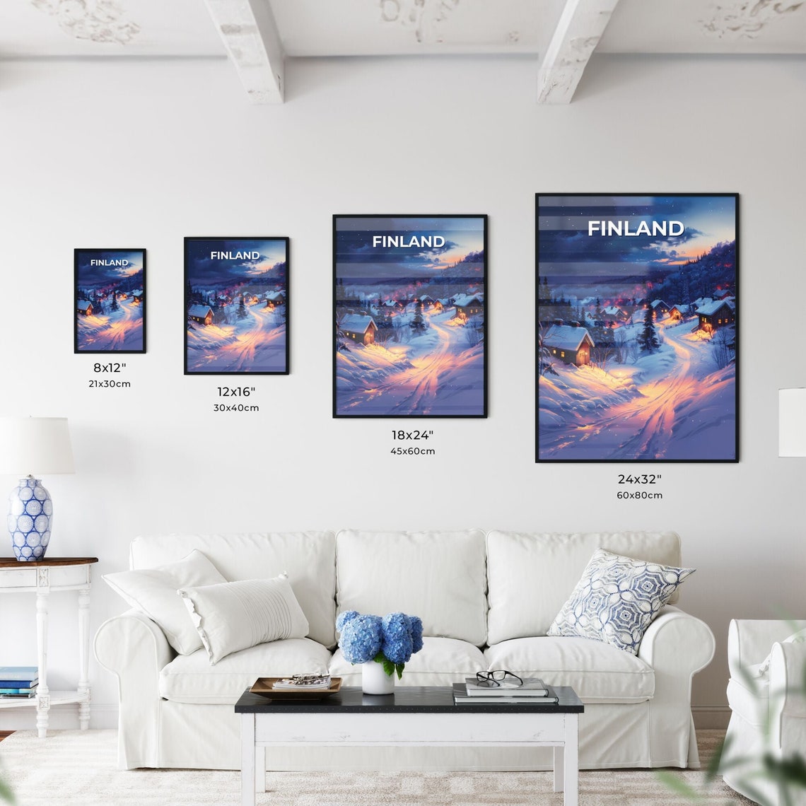 Finland Snowy Village Winter Night Glowing Cabins Art Poster - Image 3