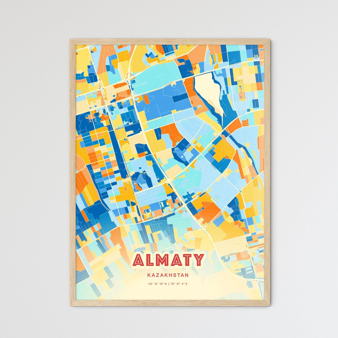 Almaty Kazakhstan Colorful Blue Orange Fine Art City Map Poster
