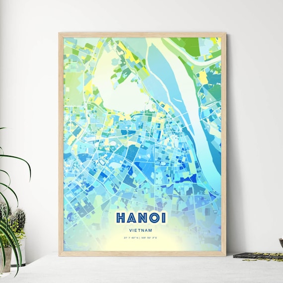 Bluish Street Map Art City Poster of Hanoi in Vietnam Blue Green