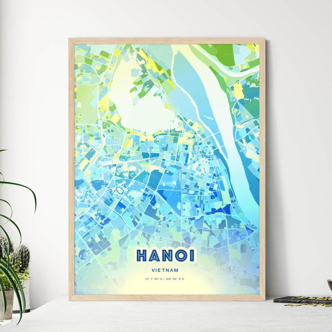 Bluish Street Map Art City Poster of Hanoi in Vietnam Blue Green