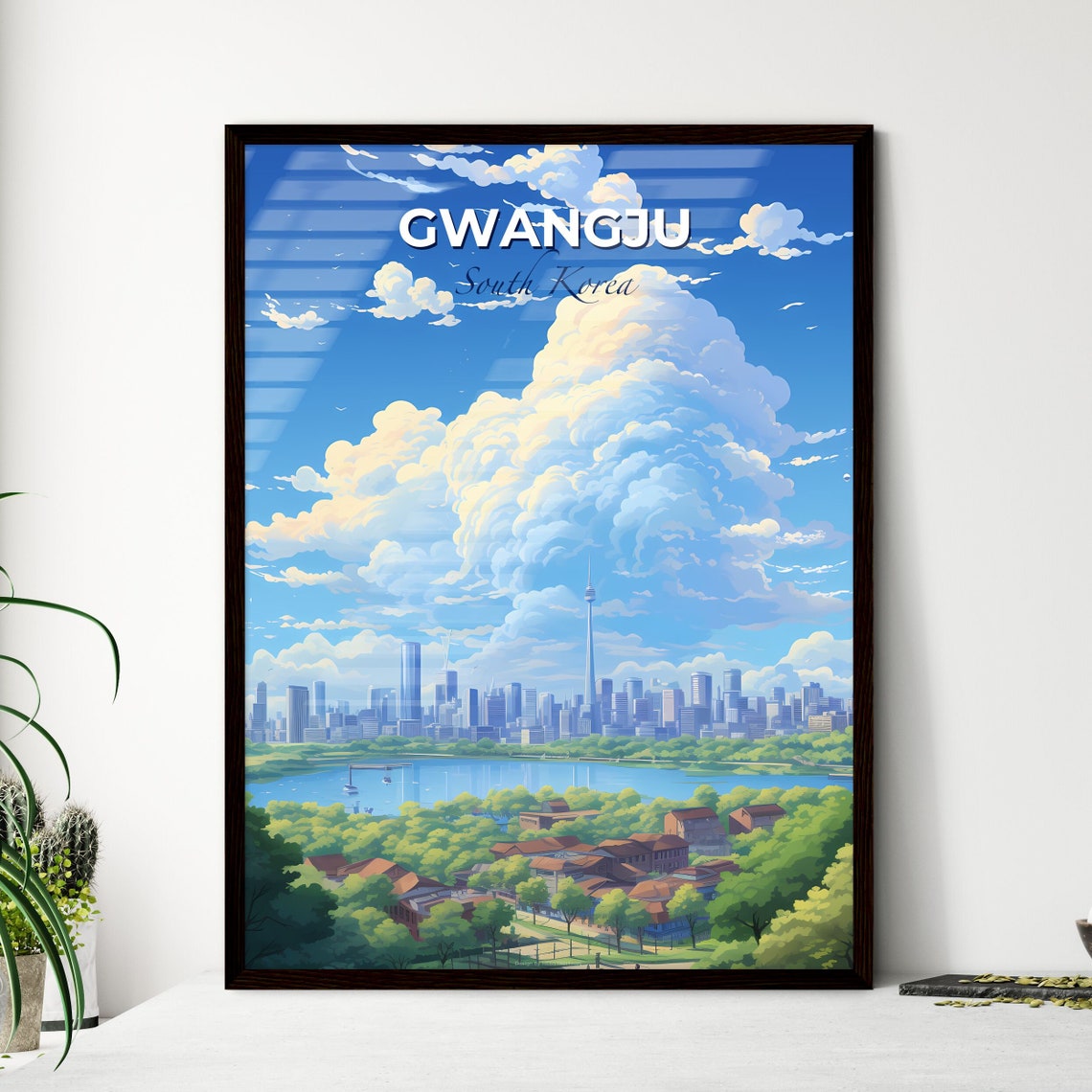 Gwangju South Korea Skyline Lake Clouds Vintage Travel Poster