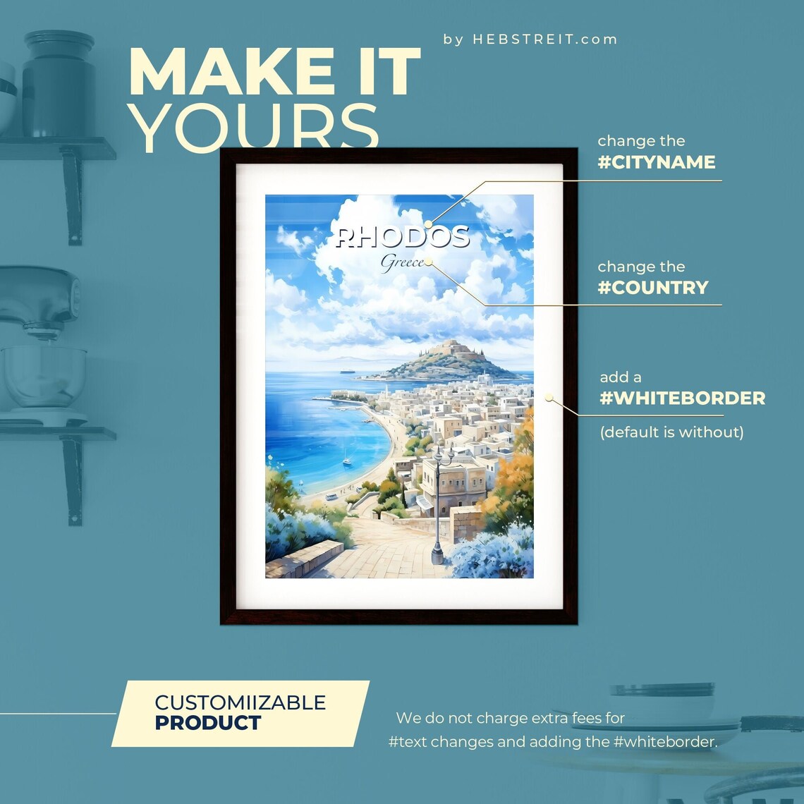 Rhodos Greece Watercolor Bay with the Whitewashed Old Town Poster - Image 2