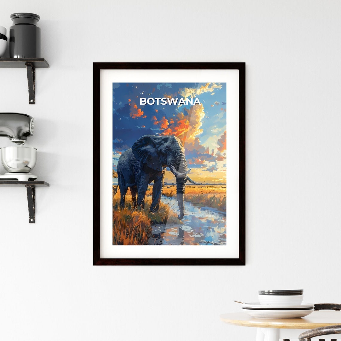 Botswana Elephant Waterhole Golden Sunset Savanna Travel Poster - Image 2