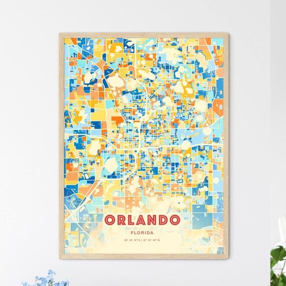 Orlando Florida Colorful Blue Orange Abstract City Map Art Poster