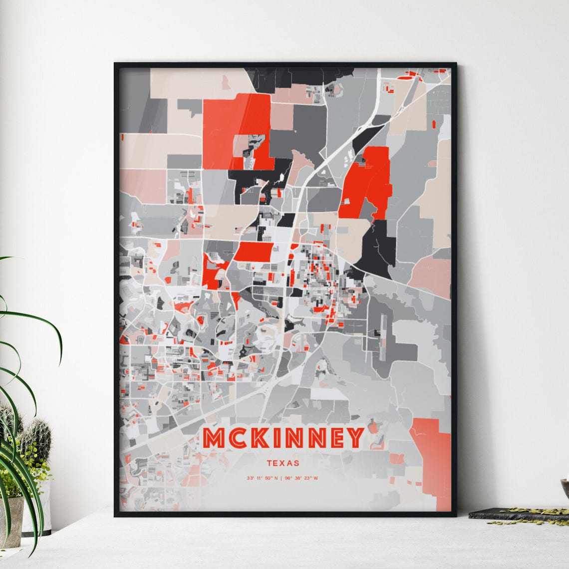 McKinney Texas Modern Map Art Poster Red Gray Expressive Street Style