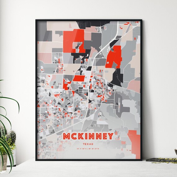 McKinney Texas Modern Map Art Poster Red Gray Expressive Street Style
