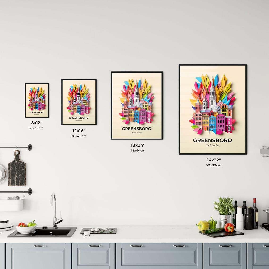 Greensboro North Carolina Colorful Paper Cut Church Scene Poster - Image 3