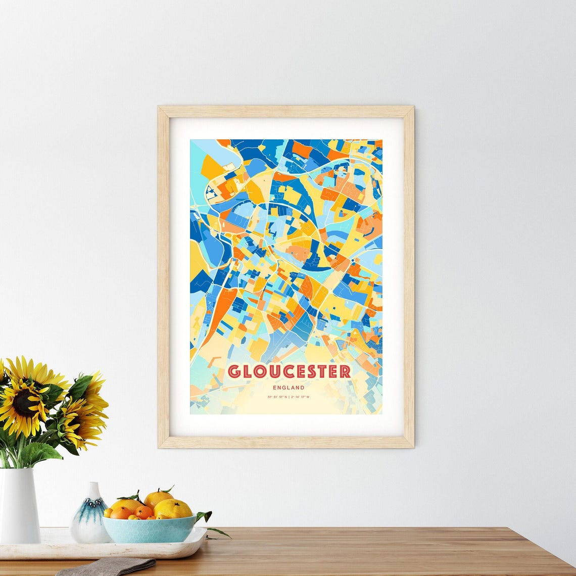 Gloucester England Colorful City Map Art Poster Blue And Orange Design - Image 2