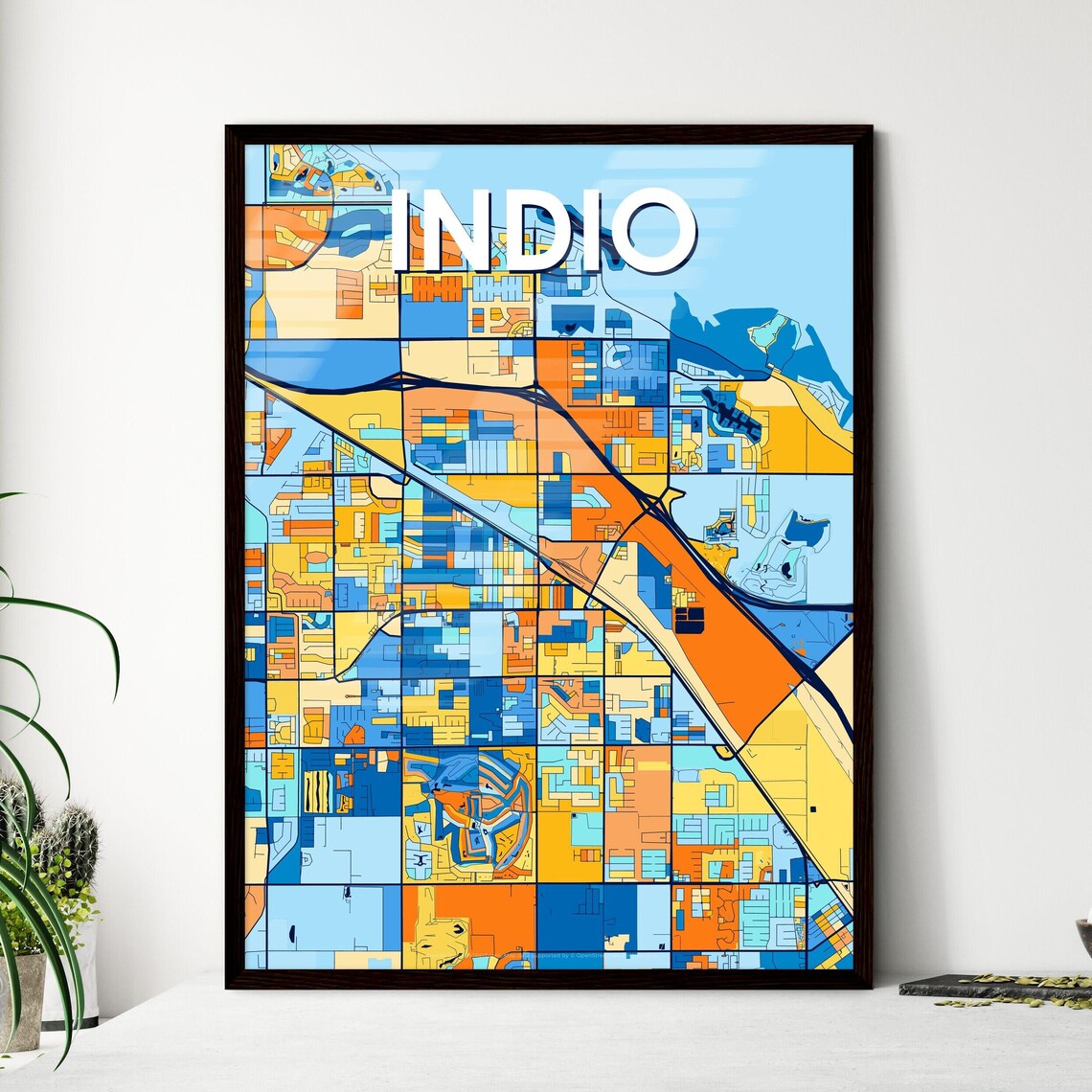 Indio California Vibrant Blue Orange Mosaic City Street Map Poster