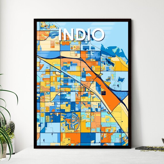 Indio California Vibrant Blue Orange Mosaic City Street Map Poster