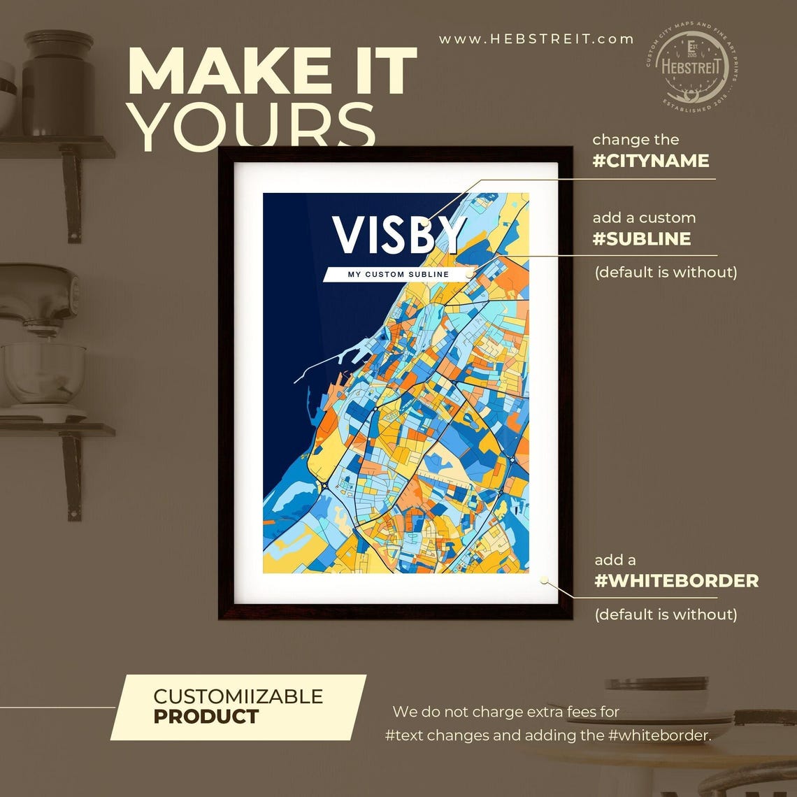 Visby Sweden Colorful Blue and Orange City Street Map Art Poster - Image 2