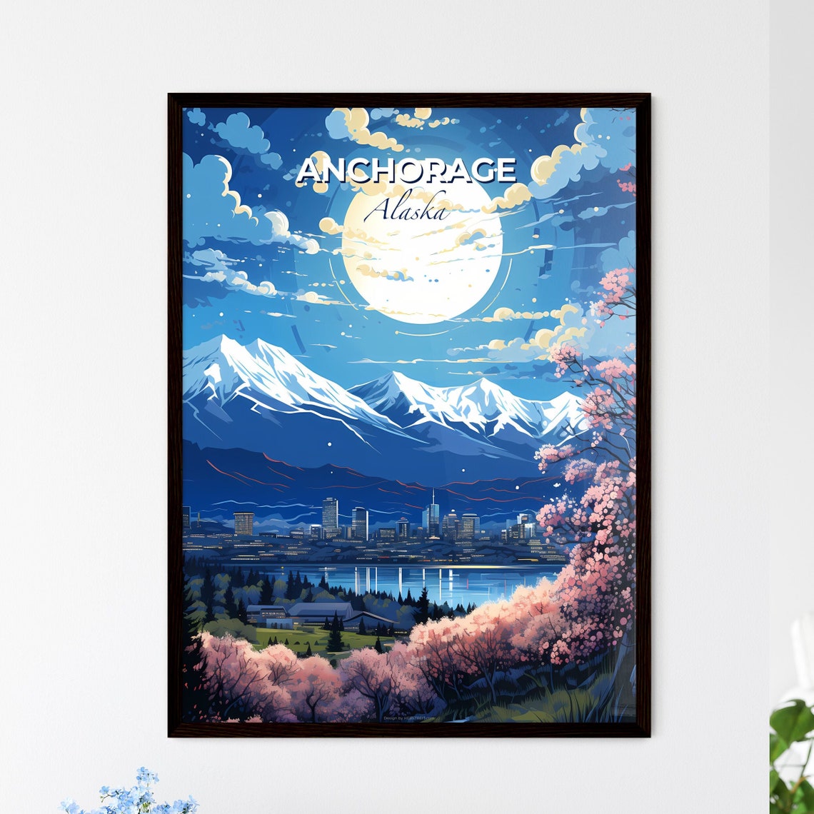 Anchorage Alaska Night Full Moon Snow Mountain City Skyline Poster