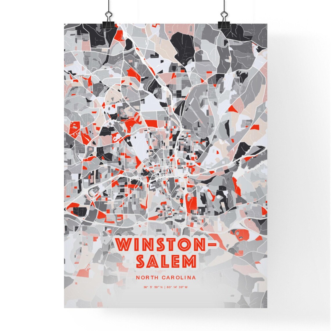 Winston-Salem North Carolina Modern Expressive Red Gray City Map Art Poster - Image 3