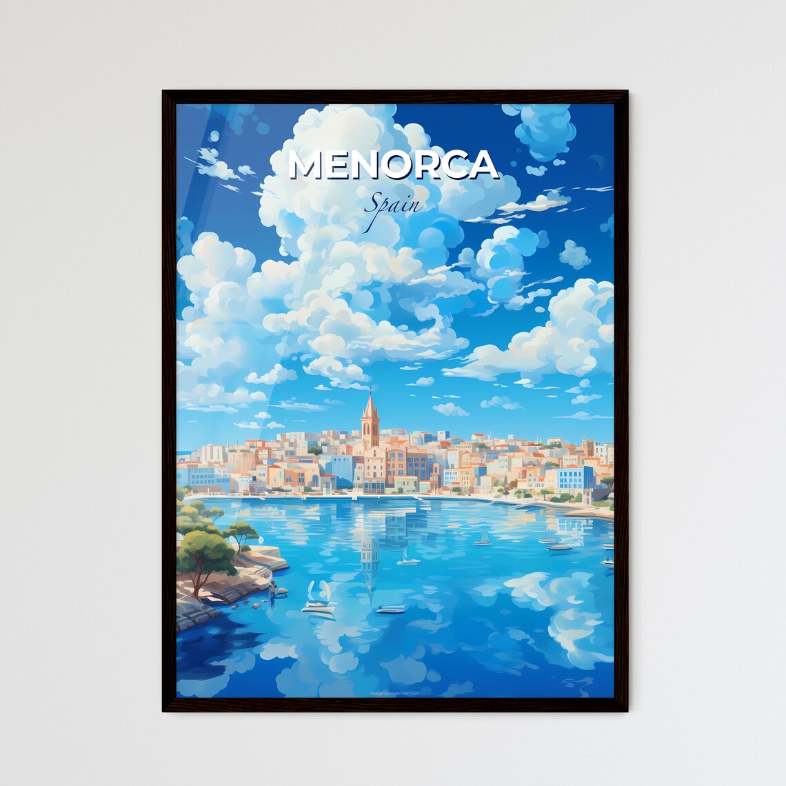 Menorca Spain Harbor Town Church Sailboats Blue Sea Travel Poster