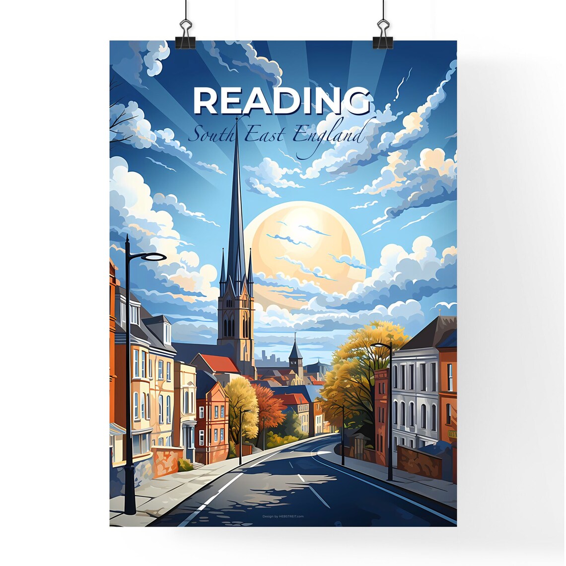 Reading England Church Spire Street Sunset Vintage Travel Poster - Image 4