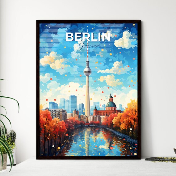 Berlin Germany Travel Poster Autumn River Skyline TV Tower Illustration Art