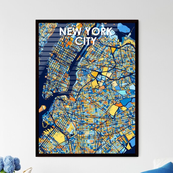 New York City New York Stylish Vibrant Blue and Orange Mosaic City Map Poster