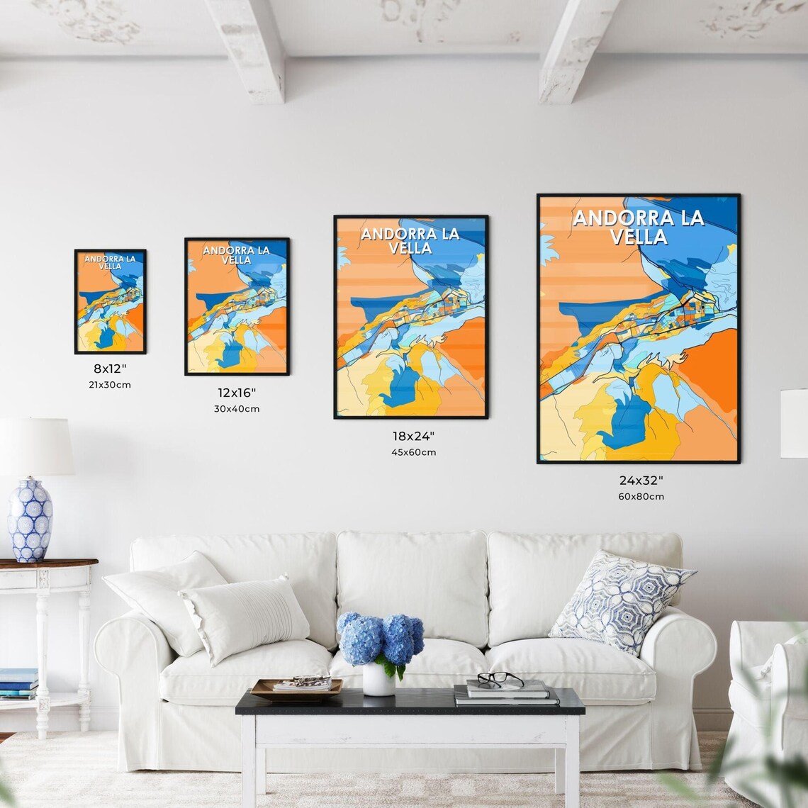 Andorra la Vella Andorra Bold Colorful Blue Orange Fine Art City Map Poster - Image 3