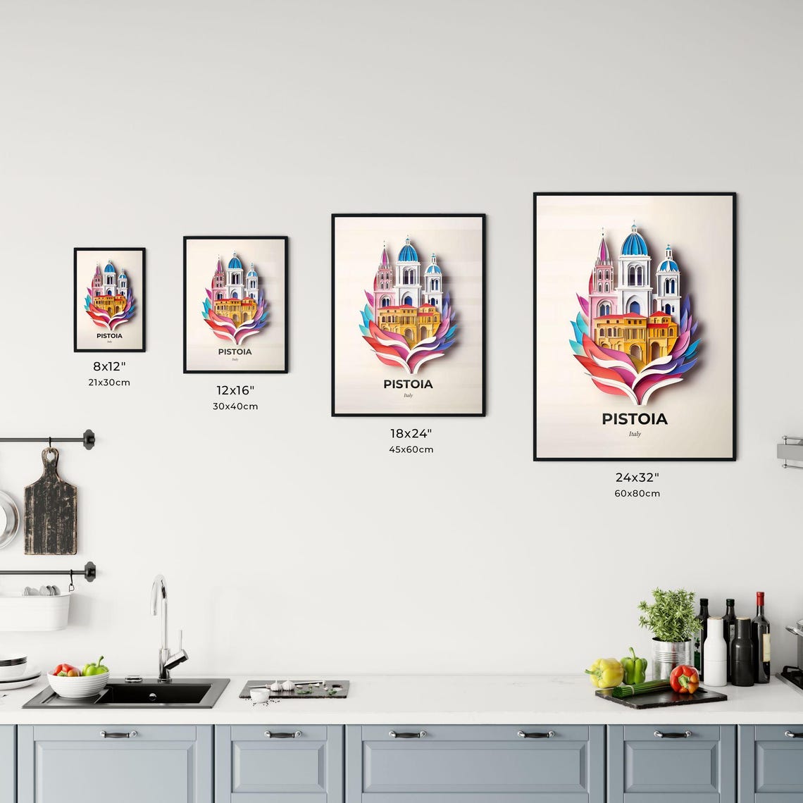 Vivid Pistoia Italy Cathedral Domes Colorful Paper Cut Art Poster - Image 3