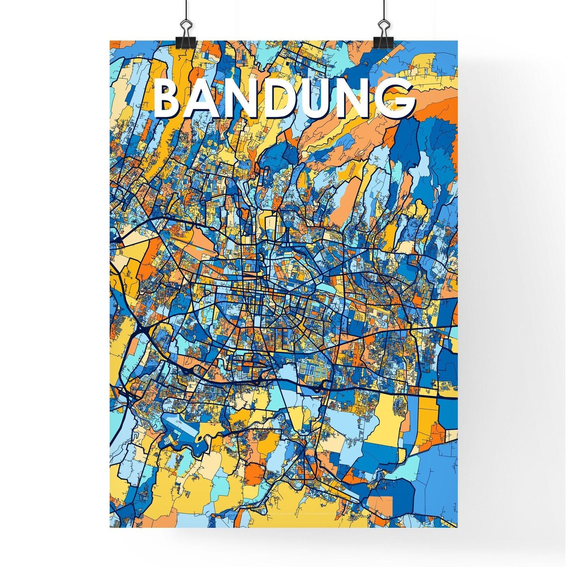 Bandung Indonesia Stylish Vibrant Blue and Orange Mosaic City Map Poster - Image 4