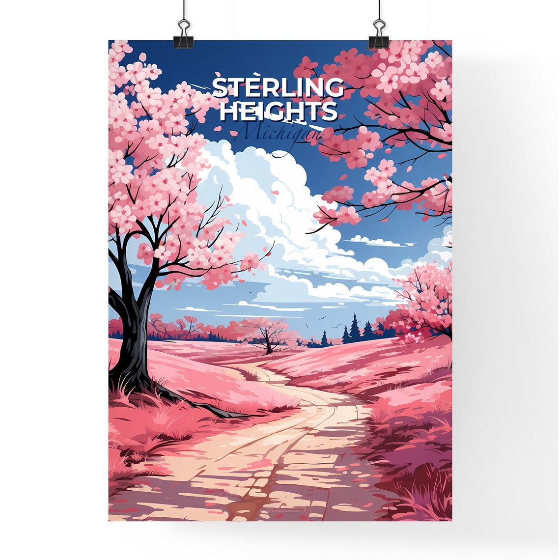 Sterling Heights Michigan Pink Blossom Meadow Path Travel Poster - Image 4