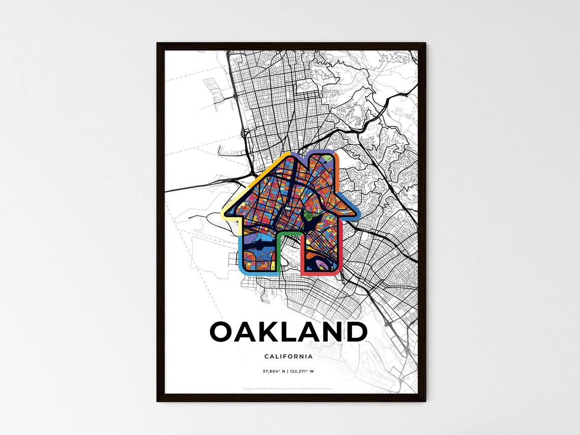 Oakland California Minimal City Map Colorful Heart Icon Art Poster - Image 3