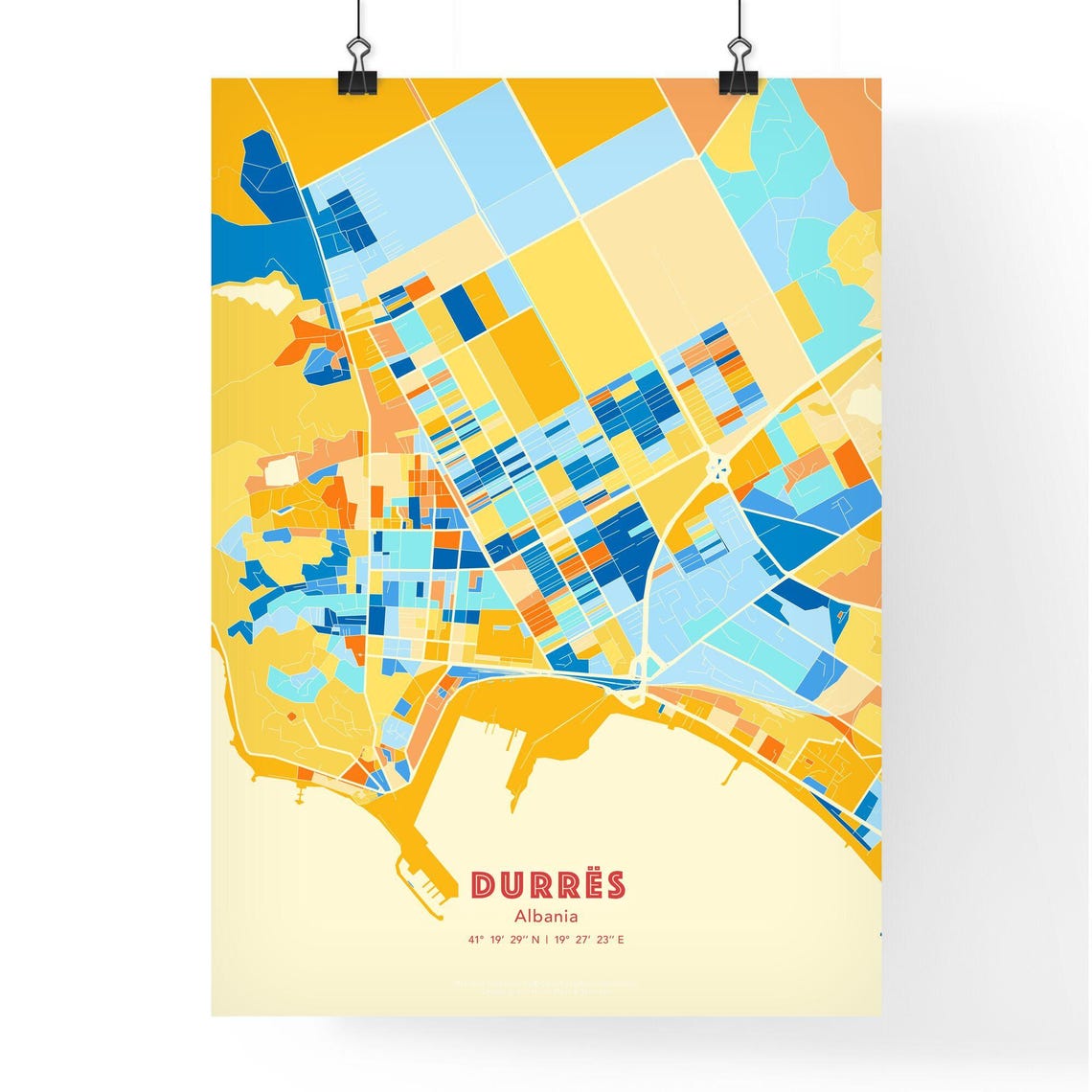 Durres Albania Colorful Coastal City Map Poster Blue Orange Wall Decor - Image 3