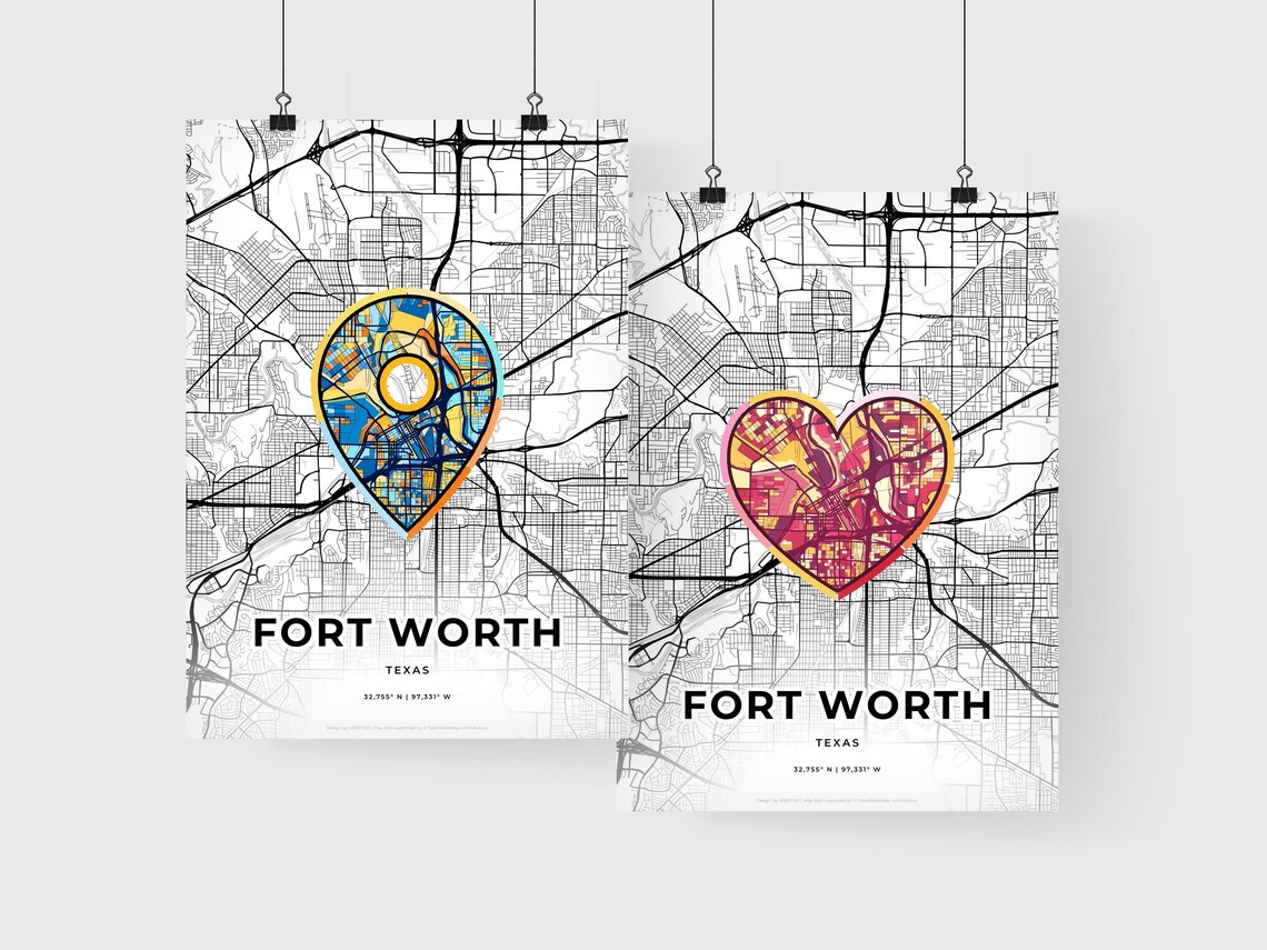 Fort Worth Texas Minimal City Map Colorful Heart Icon Art Poster - Image 2