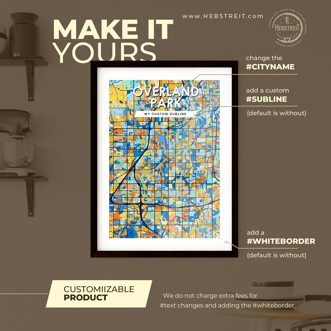 Overland Park Kansas Colorful Blue Orange City Map Art Poster - Image 2