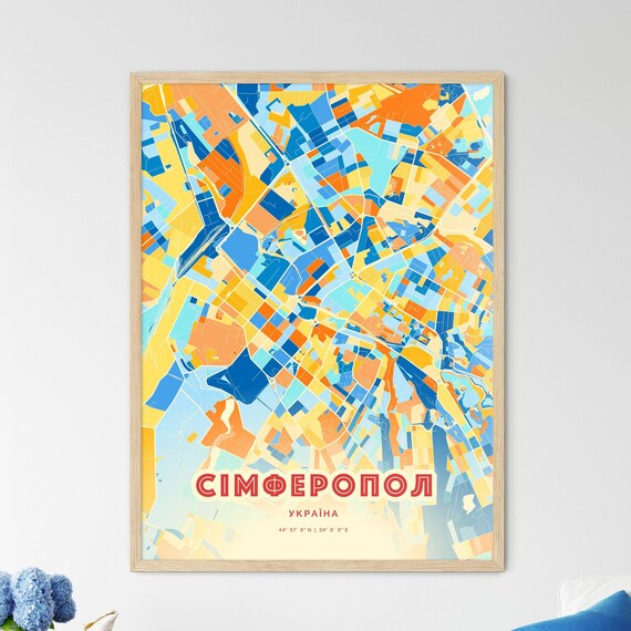 Simferopol Ukraine Blue Orange Colorful City Map Art Poster With Coordinates