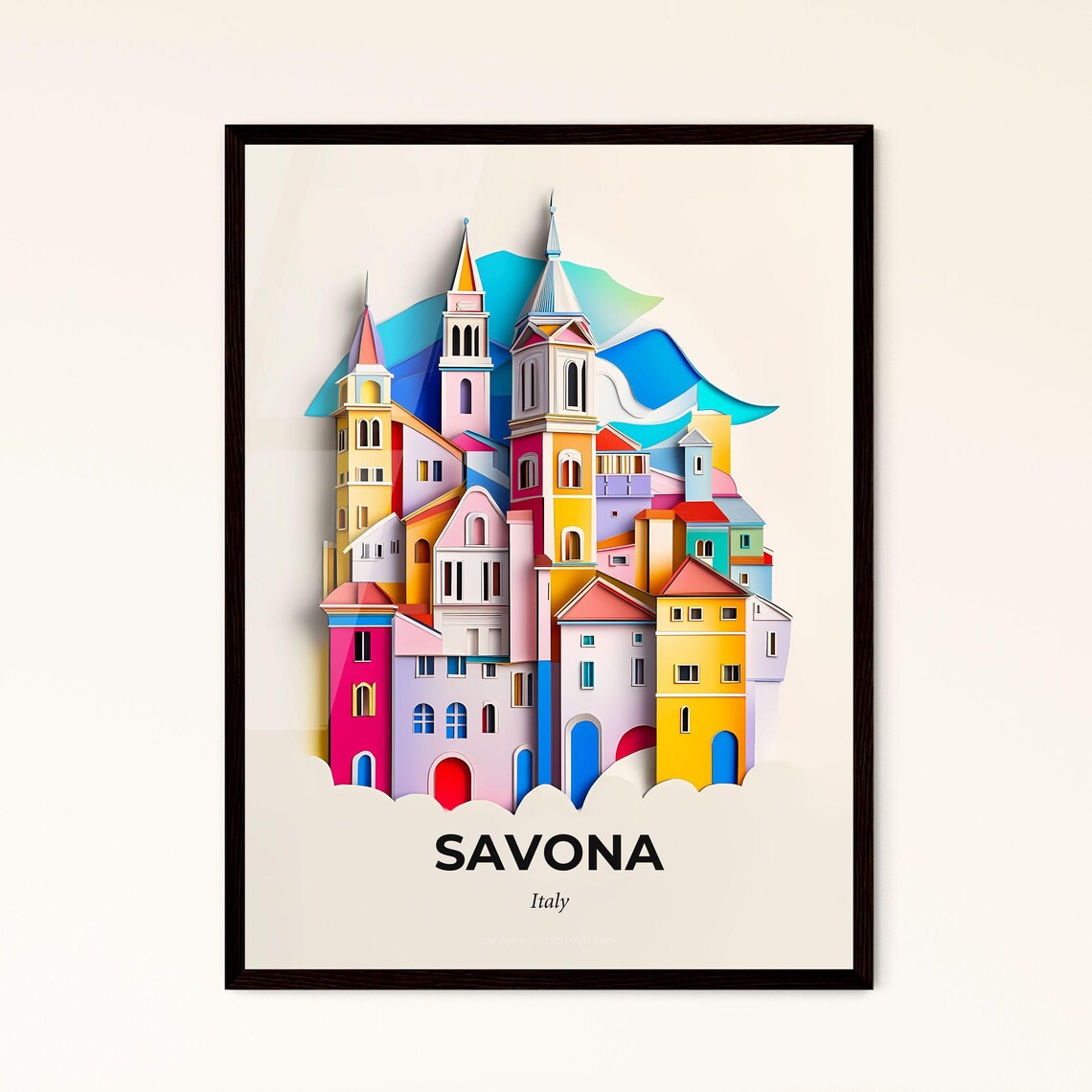 Savona Italy Colorful Towers And Spires Paper Cut City Art Poster